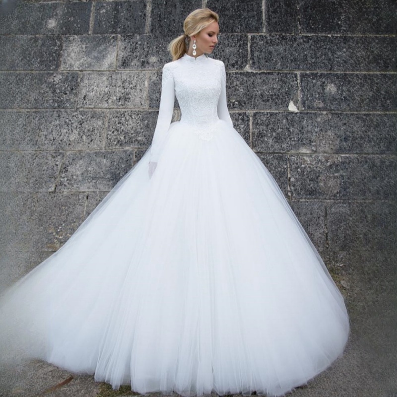Tulle Ball Gown High Collar Long Sleeves Wedding Dresses Wedding Gown